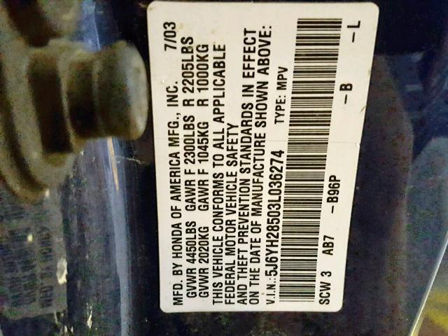 5J6YH28503L036274 - 2003 HONDA ELEMENT EX BLUE photo 10