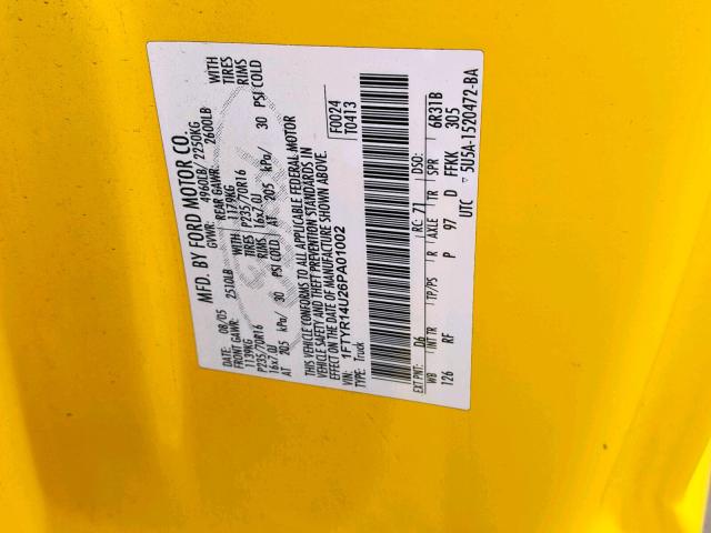 1FTYR14U26PA01002 - 2006 FORD RANGER SUP YELLOW photo 10