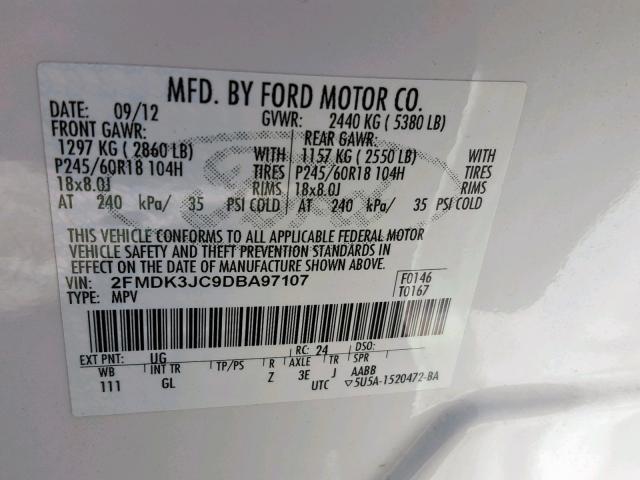 2FMDK3JC9DBA97107 - 2013 FORD EDGE SEL WHITE photo 10