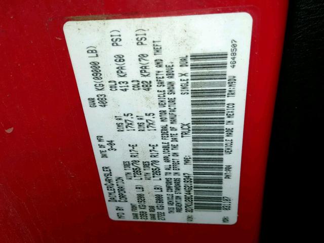 3D7KU28C44G219347 - 2004 DODGE RAM 2500 S წითელი ფოტო 10