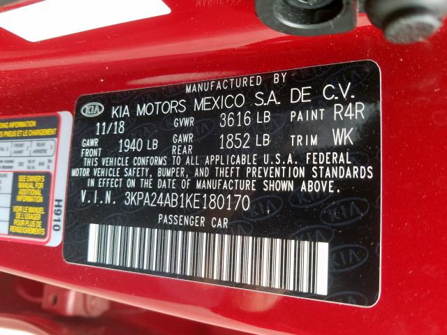 3KPA24AB1KE180170 - 2019 KIA RIO S  photo 10