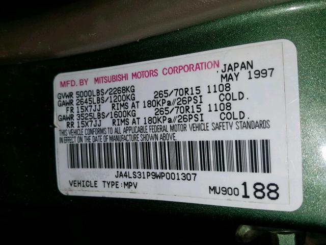 JA4LS31P9WP001307 - 1998 MITSUBISHI MONTERO SP GREEN photo 10