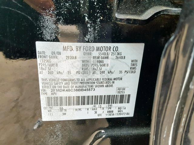 2FMDK48C38BB45573 - 2008 FORD EDGE SEL BLACK photo 10