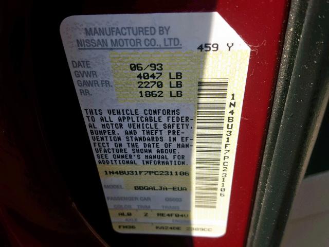 1N4BU31F7PC231106 - 1993 NISSAN ALTIMA XE MAROON photo 10