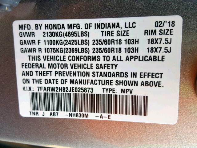 7FARW2H82JE025873 - 2018 HONDA CR-V EXL SILVER photo 10