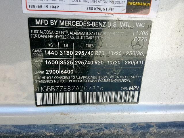 4JGBB77E87A207118 - 2007 MERCEDES-BENZ ML 63 AMG SILVER photo 10