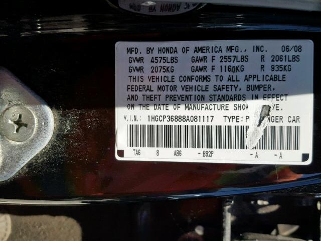 1HGCP36888A081117 - 2008 HONDA ACCORD EXL BLACK photo 10