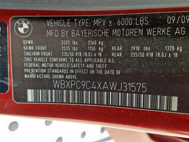 WBXPC9C4XAWJ31575 - 2010 BMW X3 XDRIVE3 BURGUNDY photo 10