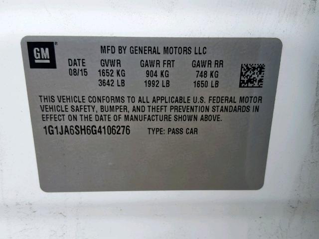 1G1JA6SH6G4106276 - 2016 CHEVROLET SONIC LS WHITE photo 10