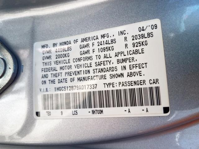 1HGCS12879A017337 - 2009 HONDA ACCORD EXL  photo 10