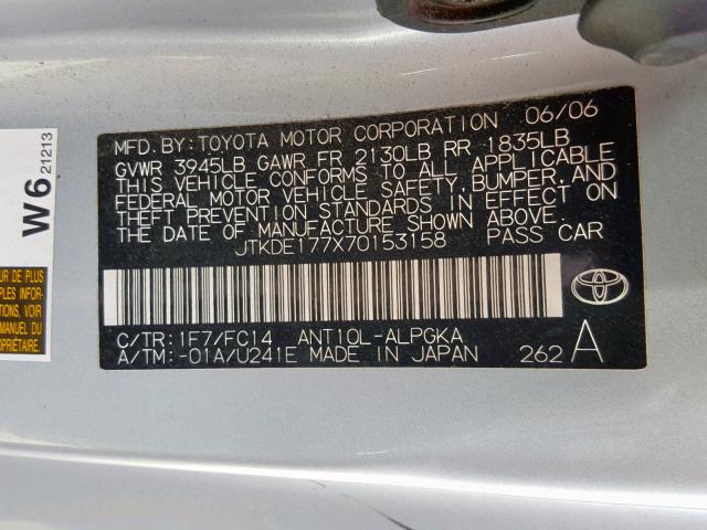 JTKDE177X70153158 - 2007 TOYOTA SCION TC GRAY photo 10