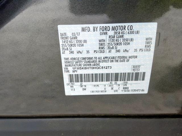 1FM5K8HT0HGC51273 - 2017 FORD EXPLORER P GRAY photo 10