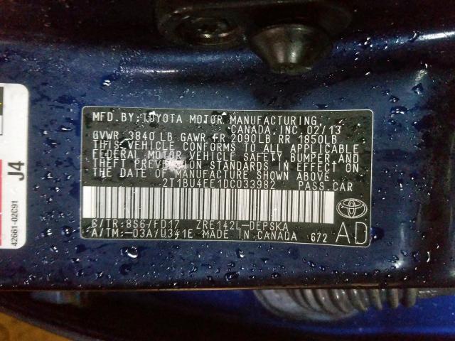 2T1BU4EE1DC033982 - 2013 TOYOTA COROLLA BASE  照片 10