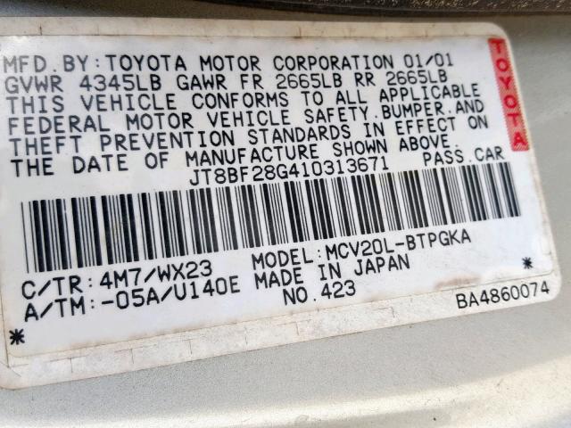 JT8BF28G410313671 - 2001 LEXUS ES 300 GOLD photo 10