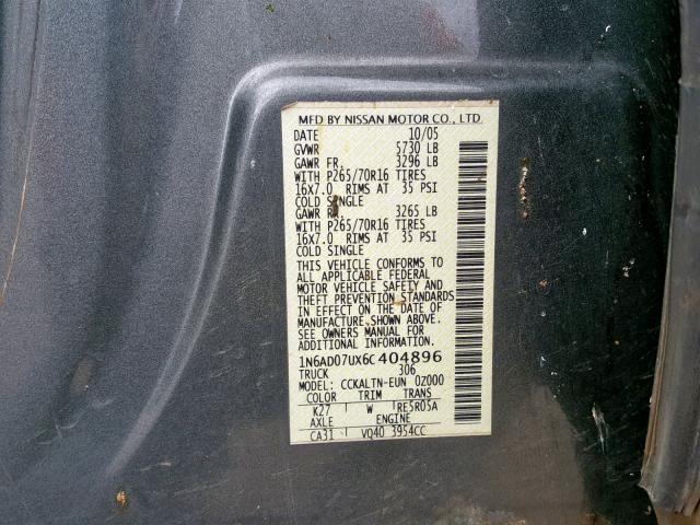 1N6AD07UX6C404896 - 2006 NISSAN FRONTIER C GRAY photo 10