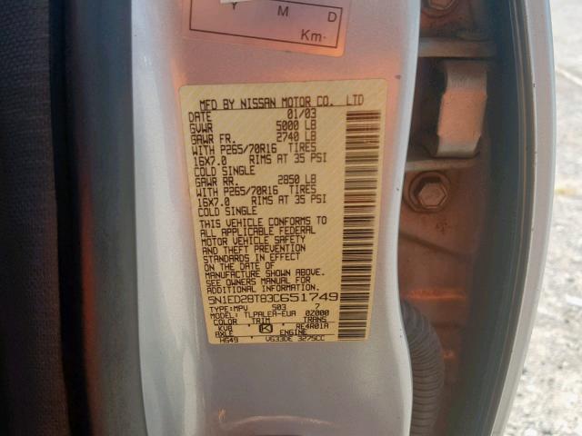 5N1ED28T83C651749 - 2003 NISSAN XTERRA XE SILVER photo 10