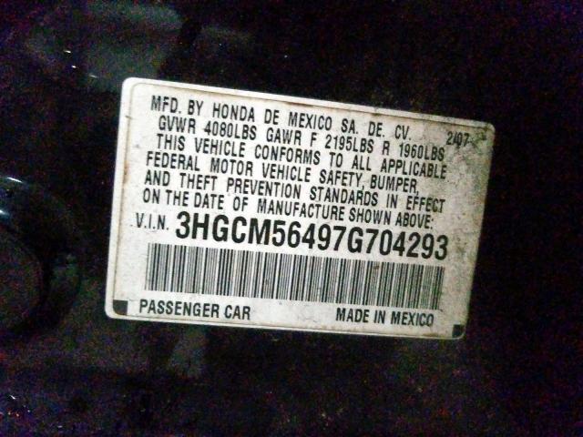 3HGCM56497G704293 - 2007 HONDA ACCORD LX BLACK photo 10