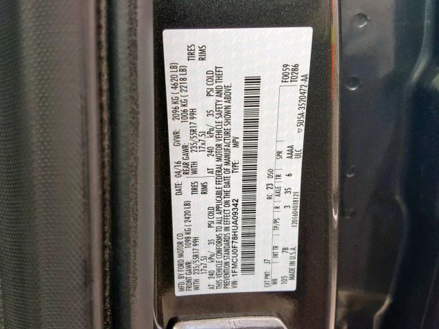 1FMCU0F78HUA09342 - 2017 FORD ESCAPE S GRAY photo 10