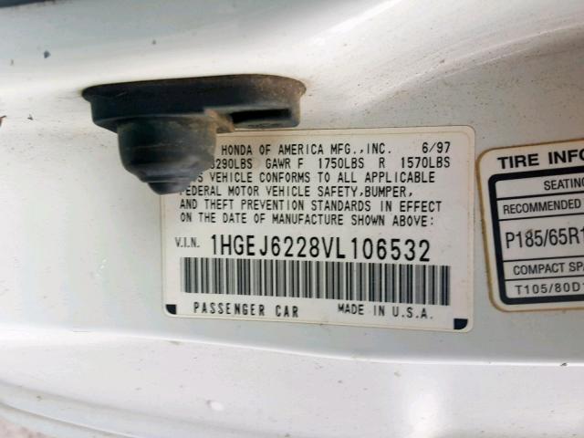 1HGEJ6228VL106532 - 1997 HONDA CIVIC DX WHITE photo 10