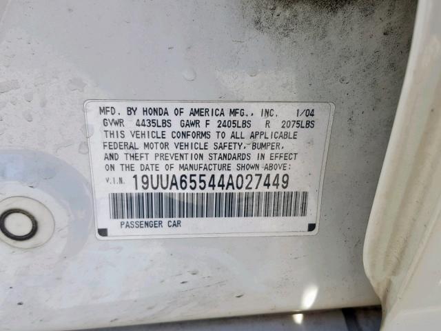 19UUA65544A027449 - 2004 ACURA TL WHITE photo 10