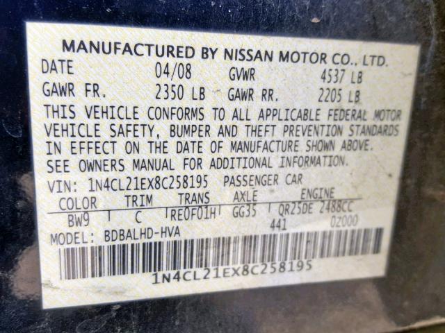 1N4CL21EX8C258195 - 2008 NISSAN ALTIMA HYB BLUE photo 10