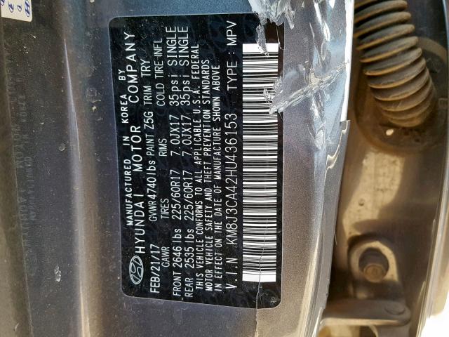 KM8J3CA42HU436153 - 2017 HYUNDAI TUCSON LIM GRAY photo 10