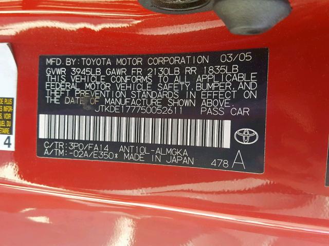 JTKDE177750052611 - 2005 TOYOTA SCION TC RED photo 10