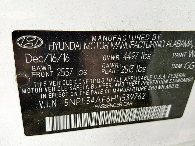 5NPE34AF6HH539762 - 2017 HYUNDAI SONATA SPO WHITE photo 10