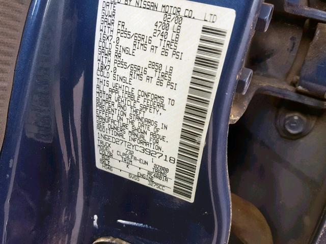 1N6ED27T2YC392718 - 2000 NISSAN FRONTIER C BLUE photo 10