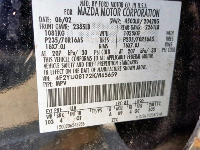 4F2YU08172KM65659 - 2002 MAZDA TRIBUTE LX BLACK photo 10