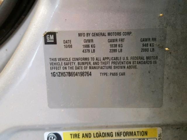 1G1ZH57B694198764 - 2009 CHEVROLET MALIBU 1LT 银色 照片 10