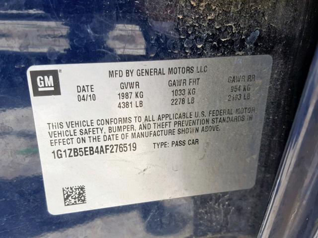 1G1ZB5EB4AF276519 - 2010 CHEVROLET MALIBU LS BLUE photo 10