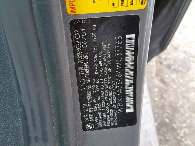 WBXPA73464WC37765 - 2004 BMW X3 2.5I GRAY photo 10