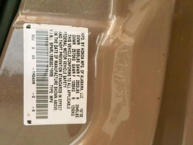 5FNRL18953B019835 - 2003 HONDA ODYSSEY EX TAN photo 10