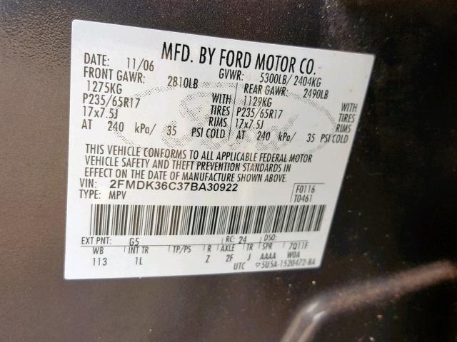 2FMDK36C37BA30922 - 2007 FORD EDGE SE GRAY photo 10