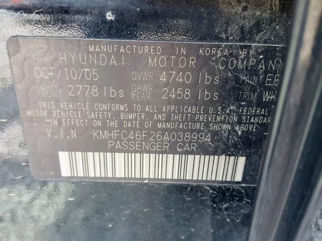 KMHFC46F26A038994 - 2006 HYUNDAI AZERA SE BLACK photo 10