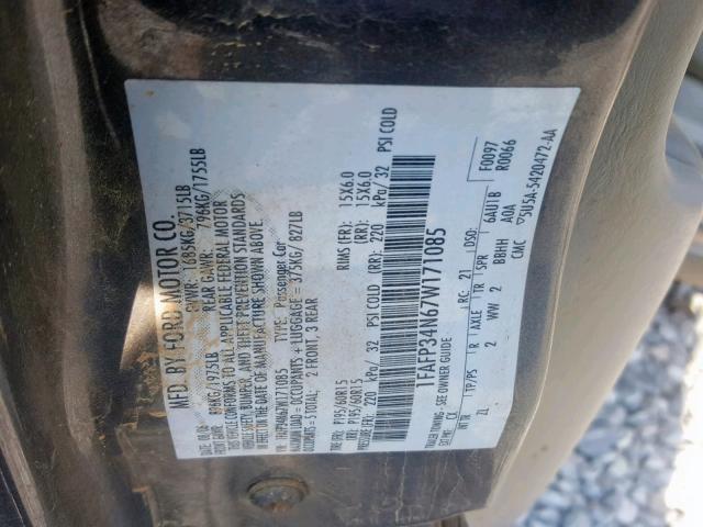 1FAFP34N67W171085 - 2007 FORD FOCUS ZX4 GRAY photo 10