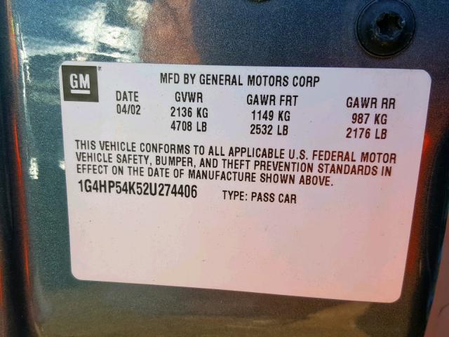 1G4HP54K52U274406 - 2002 BUICK LESABRE CU BLUE photo 10