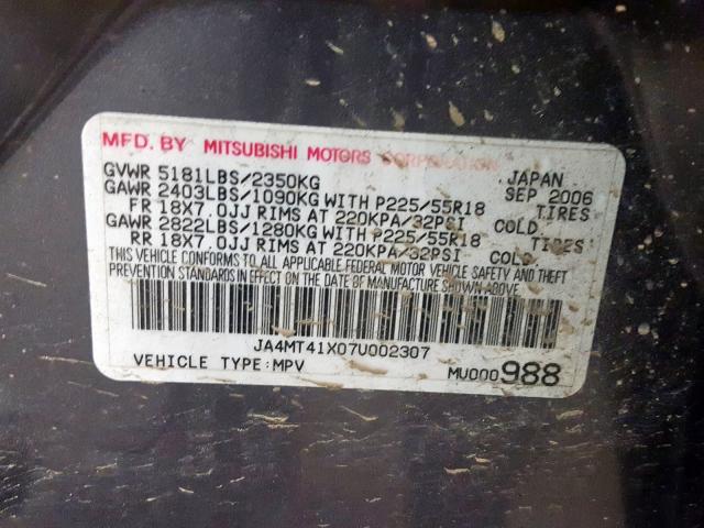 JA4MT41X07U002307 - 2007 MITSUBISHI OUTLANDER XLS  photo 10