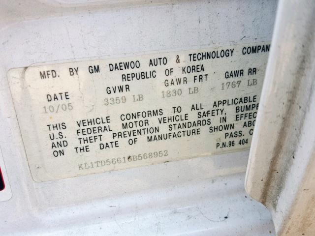 KL1TD56616B568952 - 2006 CHEVROLET AVEO BASE Ақ фото 10