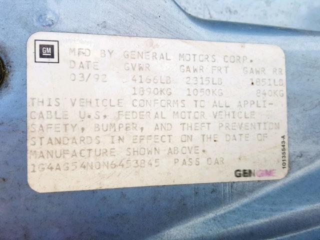 1G4AG54N0N6453845 - 1992 BUICK CENTURY SP BLUE photo 10