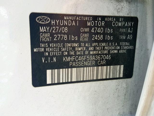 KMHFC46F59A367046 - 2009 HYUNDAI AZERA SE WHITE photo 10