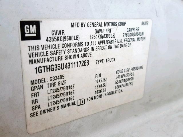 1GTHG35U431117283 - 2003 GMC SAVANA G35 WHITE photo 10