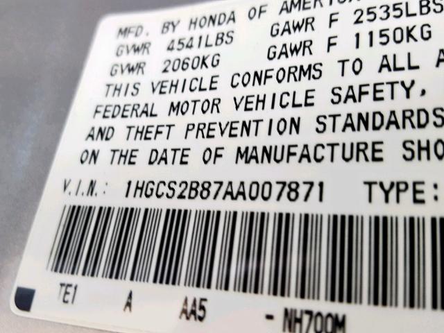 1HGCS2B87AA007871 - 2010 HONDA ACCORD EXL SILVER photo 10