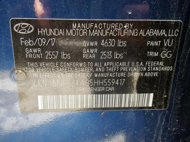 5NPE34AB5HH559417 - 2017 HYUNDAI SONATA SPO BLUE photo 10