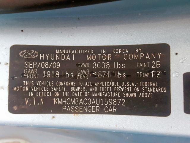 KMHCM3AC3AU159872 - 2010 HYUNDAI ACCENT BLU BLUE photo 10