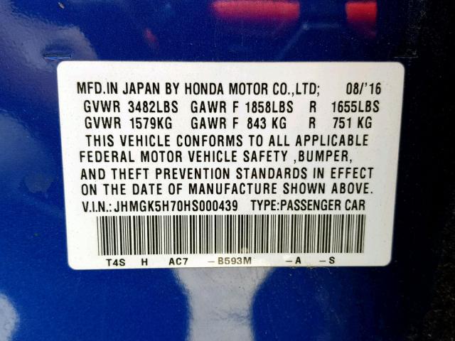 JHMGK5H70HS000439 - 2017 HONDA FIT EX BLUE photo 10