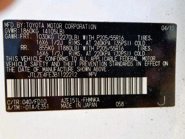 JTLZE4FE3B1122212 - 2011 TOYOTA SCION XB 白色 照片 10