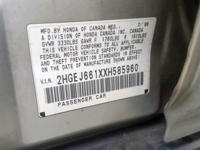 2HGEJ661XXH585960 - 1999 HONDA CIVIC BASE 银色 照片 10