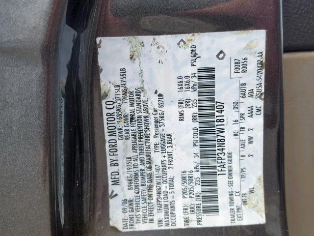 1FAFP34N87W181407 - 2007 FORD FOCUS ZX4 GRAY photo 10